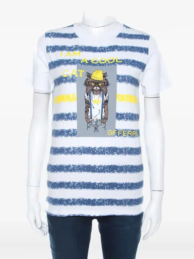 Pre-owned Gianfranco Ferre Striped Cat-print T-shirt In White