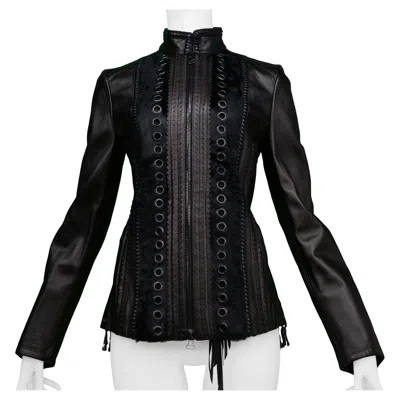 Pre-owned Gianfranco Ferre Stunning  Black Motorcycle Leather Jacket With Fur Trim