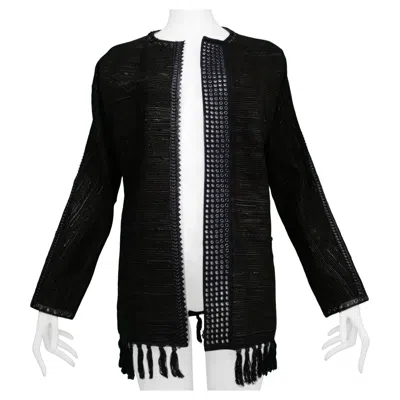Pre-owned Gianfranco Ferre Stunning  Leather & Wool Jacket With Tassels And Grommets In Black