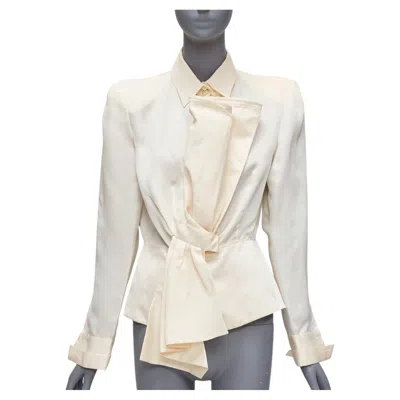 Pre-owned Gianfranco Ferre Vintage Cream Silk Xl Bow Detail Power Shoulder Jacket It44 L In White