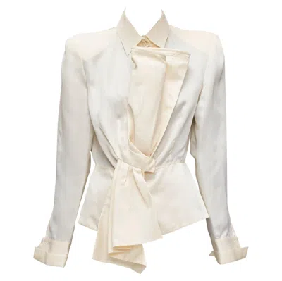 Pre-owned Gianfranco Ferre Vintage Cream Silk Xl Bow Detail Power Shoulder Jacket It44 L In White
