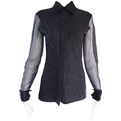 Pre-owned Gianfranco Ferre Vintage  1990s Charcoal Grey Wool + Chiffon Long Sleeve Blouse In Gray