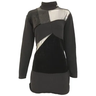 Pre-owned Gianfranco Ferre Vintage  Black Velour Sheer Long Sleeve Mini Sweater 80s Dress