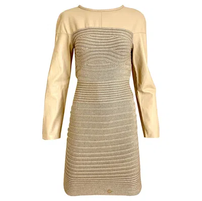 Pre-owned Gianfranco Ferre Vintage  Tan Leather And Wool Knit Dress In Brown