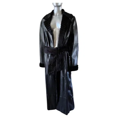 Pre-owned Gianfranco Ferre Vintage Leather Trench Coat Lined In Sheared Fur Size L (nwt) In Black