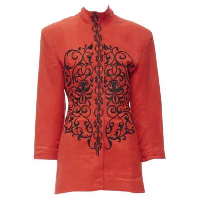 Pre-owned Gianfranco Ferre Vintage Red Black Floral Embroidery Stand Collar Jacket M