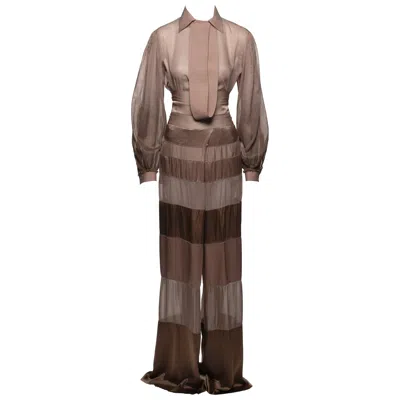 Pre-owned Gianfranco Ferre Gianfranco Ferré Voile Blouse And Silk Wide Leg Panel Pants Ensemble, Ss 2008 In Brown
