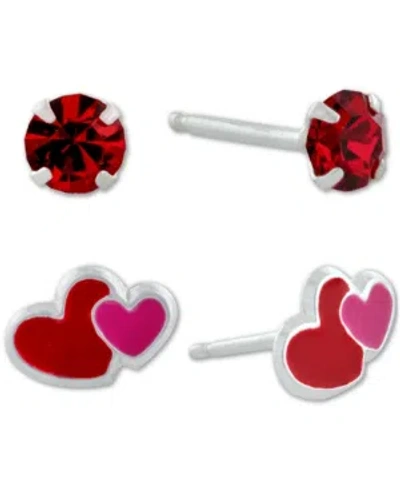 Giani Bernini 2-pc. Set Crystal Solitaire & Enamel Heart Stud Earrings In Sterling Silver, Created For Macy's In Multi