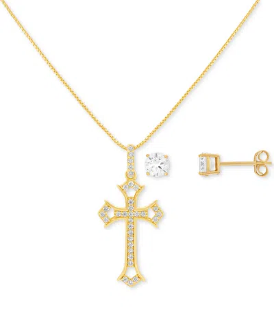 Giani Bernini 2-pc. Set Cubic Zirconia Cross Pendant Necklace & Solitaire Stud Earrings In 18k Gold-plated Sterlin