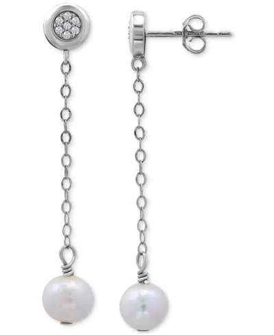 Giani Bernini Cultured Freshwater Pearl (7mm) & Cubic Zirconia Chain Drop Earrings In 18k Gold-plated Sterling Sil In Silver