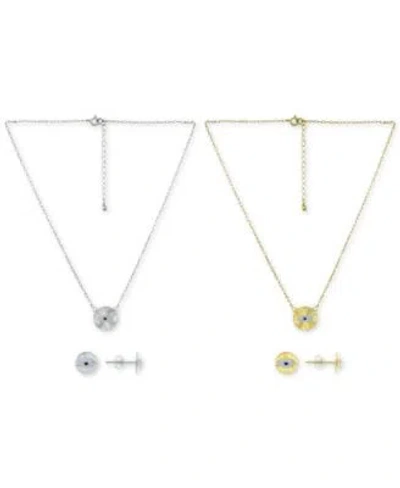 GIANI BERNINI LAB GROWN BLUE SAPPHIRE CUBIC ZIRCONIA EVIL EYE DISC PENDANT NECKLACE STUD EARRINGS JEWELRY COLLECTI