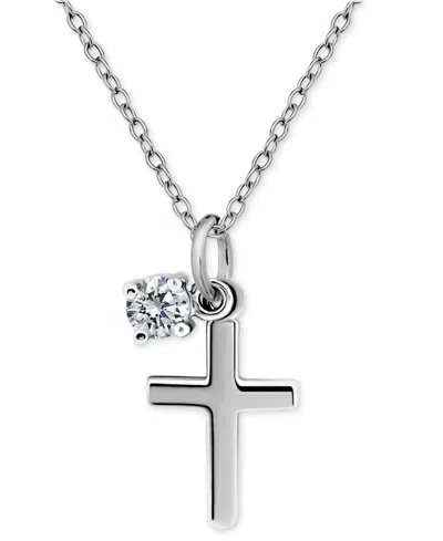 Giani Bernini Polished Cross & Cubic Zirconia Dangle Pendant Necklace, 16" + 2" Extender, Exclusively At Macy's In Silver