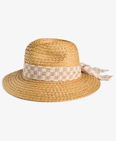 Giani Bernini Straw Panama Hat With Logo Scarf Tie, Exclusively At Macy's In Dark Beige