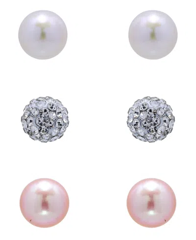 Giani Bernini White And Pink Freshwater Pearl Button And Clear Crystal Fireball Stud Earrings Set