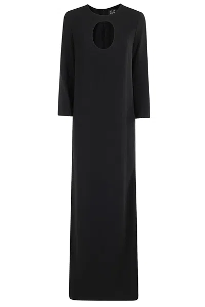 GIANLUCA CAPANNOLO FLOOR-LENGTH BLACK JEAN DRESS WITH CUT-OUT INSERT AND SIDE SLITS