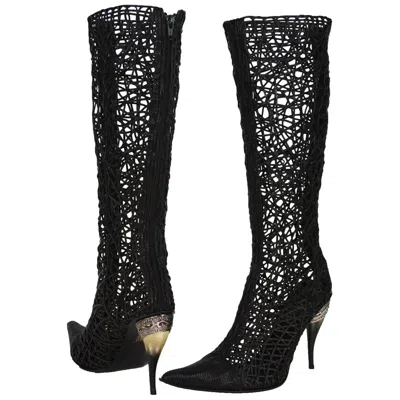 Pre-owned Gianni Barbato New  Braided Leather Cage Horn Heel Black Boots It. 39 - Us 9