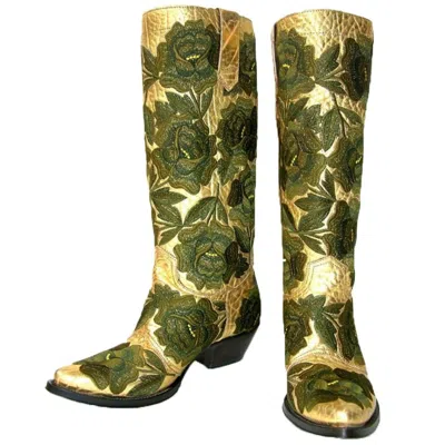 Pre-owned Gianni Barbato New  Western Bullhide Leather Embroidered Boots Hand-made It 37- 7 In Brown