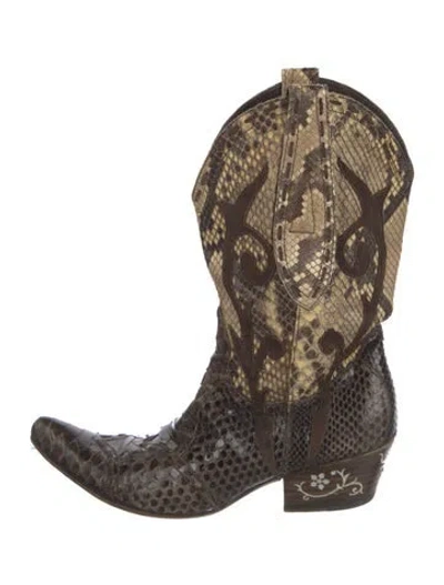 Pre-owned Gianni Barbato Snakeskin Animal Print Western Boots In Brown