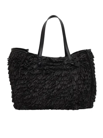 Gianni Chiarini Fringe-design Raffia Tote With Leather Handles In Black