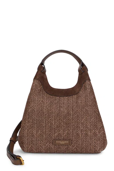 Gianni Chiarini Geometric Straw Shoulder Handbag With Sturdy Top Handle (24 Cm X 27 Cm X 12 Cm) In Brown