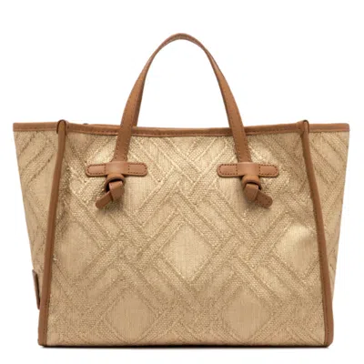 Gianni Chiarini Marcella 32 Shopping Bag In Raffia And Cotton Jacquard Fabric In Nude