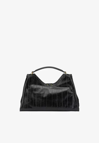 Gianni Chiarini Large Aurora Shoulder Bag In Eel Print Leather In Black