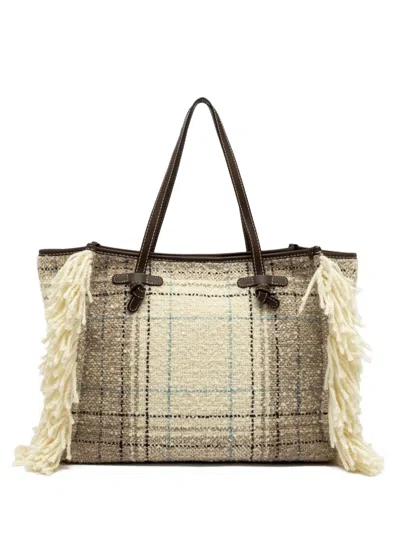 Gianni Chiarini Marcella Fringed Checked Tote Bag In Neutral