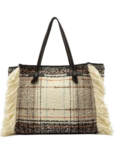 Gianni Chiarini Plaid Fringed Tote Bag In Neutral