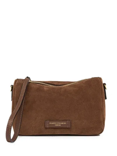 Gianni Chiarini Small Nora Pouch Logo-patch Suede Clutch Bag In Brown