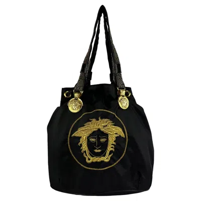 Pre-owned Gianni Versace Couture 1990s Gianni Versace Black Nylon Medusa Embroidered Drawstring Tote
