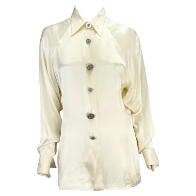 Pre-owned Gianni Versace Couture 1990s  White Rhinestone Medusa French Cuff Button Up Top