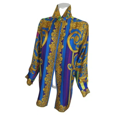 Pre-owned Gianni Versace Couture 1990s Gianni Versace Silk Unisex Blouse With Gold Medusa Accents In Gray