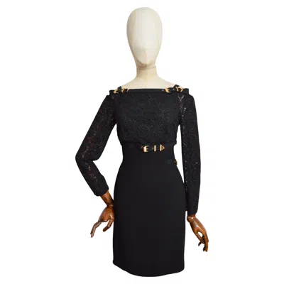 Pre-owned Gianni Versace Couture 1992  Runway Black Lace & Gold Buckle Hardware Dress