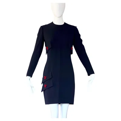 Pre-owned Gianni Versace Couture 1993 A/w Gianni Versace Navy Blue With Contrasting Red Buttons Wool Dress
