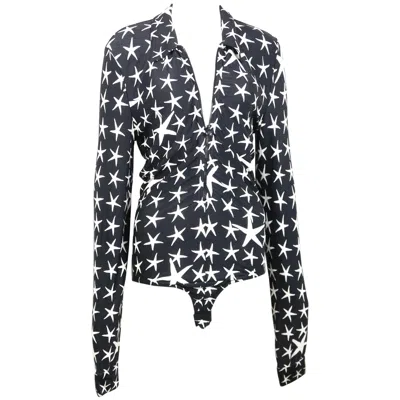 Pre-owned Gianni Versace Couture Black With White Stars Long Sleeves Bodysuit Top