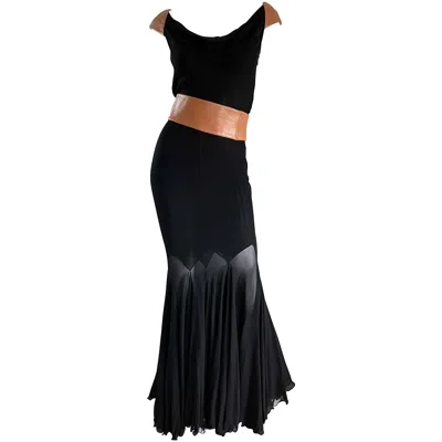 Pre-owned Gianni Versace Couture Fall 2001 Black Silk Chiffon Tan Leather Belted Gown