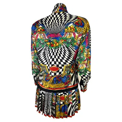 Pre-owned Gianni Versace Couture F/w 1991  Op Art Atelier Print Pleated Skirt Blouse Set In Black