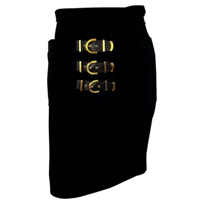 Pre-owned Gianni Versace Couture F/w 1992  'miss S&m' Runway Bondage Buckle Wool Skirt It40 In Black