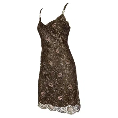 Pre-owned Gianni Versace Couture F/w 1996  Metallic Brown Floral Lace Medusa Mini Dress