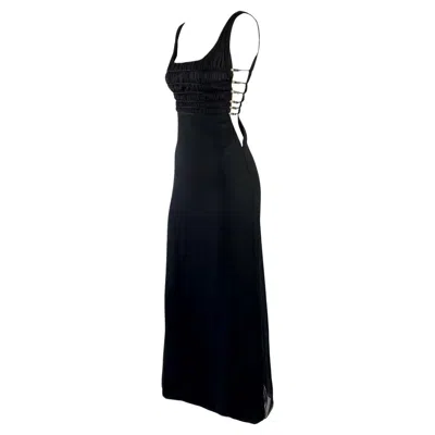 Pre-owned Gianni Versace Couture F/w 1998 Gianni Versace By Donatella Black Rhinestone Side Slit Medusa Hook Gown