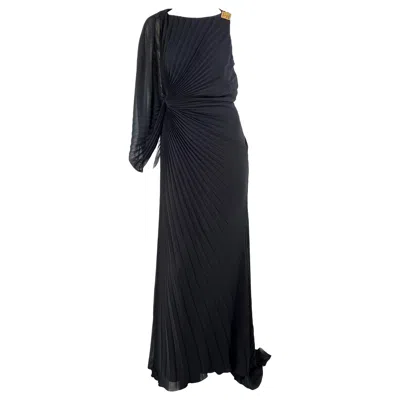 Pre-owned Gianni Versace Couture F/w 2000 Gianni Versace By Donatella Black Pleated Gown Greek Key Buckle It42