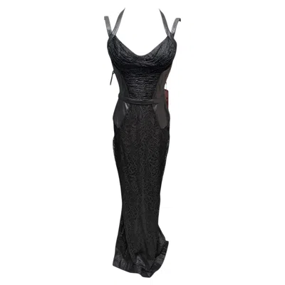 Pre-owned Gianni Versace Couture F/w 2001 Gianni Versace Black Lace Sheer Leather Gown
