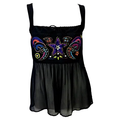 Pre-owned Gianni Versace Couture F/w 2002 Gianni Versace By Donatella Black Sheer Embroidered Babydoll Tank Top