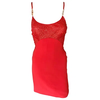Pre-owned Gianni Versace Couture Gianni Versace F/w 1996 Runway Vintage Embellished Sheer Red Evening Mini Dress