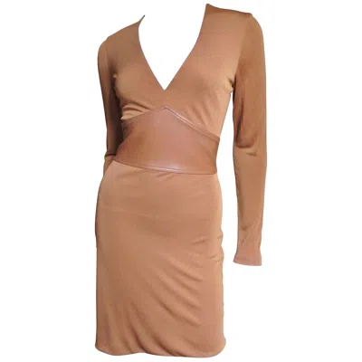 Pre-owned Gianni Versace Couture Gianni Versace Silk Jersey Dress With Leather Waist A/w 2001 In Brown