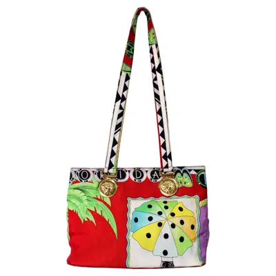 Pre-owned Gianni Versace Couture "miami" Multicolor Print Mini Tote Bag Circa 1993 In Beige