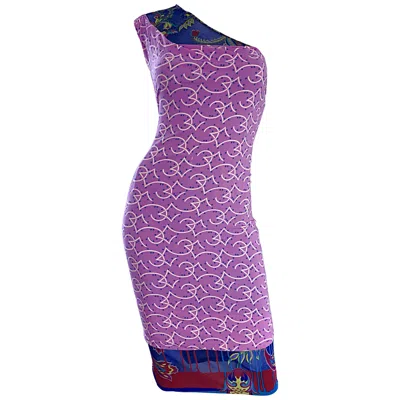 Pre-owned Gianni Versace Couture Spring 1998 One Shoulder Tropical Star Print Silk Dress In Purple