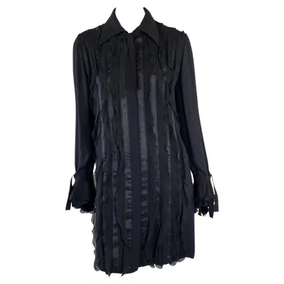 Pre-owned Gianni Versace Couture S/s 1993  Black Ruffle Chiffon Ribbon Shirt Dress It44