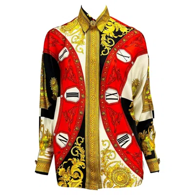 Pre-owned Gianni Versace Couture S/s 1993  Medusa Silk Baroque Horology Print Button Top In Brown