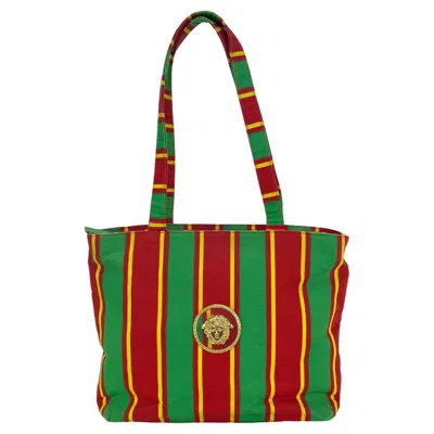 Pre-owned Gianni Versace Couture S/s 1993  Striped Medusa Medallion Canvas Tote Runway In Red